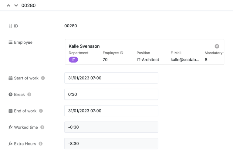 Просмотр рабочего времени с указанием положительных и отрицательных часов, а также планового и фактического времени для каждого сотрудника в SeaTable