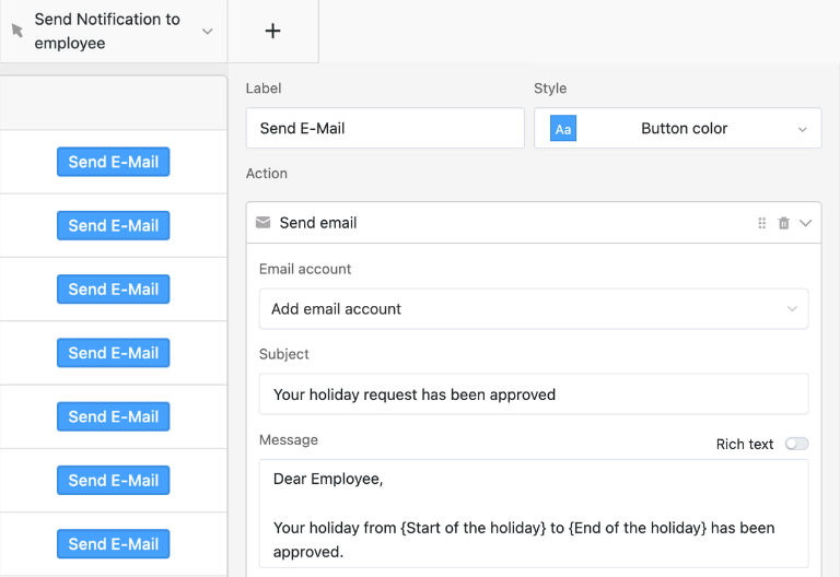 Обзор отпусков и больничных с указанием статуса, остатка отпусков и отсутствий по каждому сотруднику в SeaTable