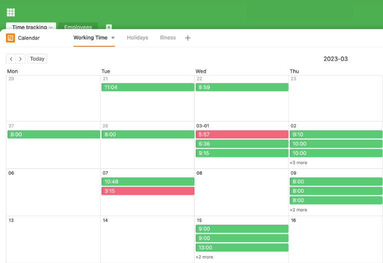 Просмотр данных об учете рабочего времени в виде календаря и панели инструментов с указанием отпусков и больничных дней в течение года