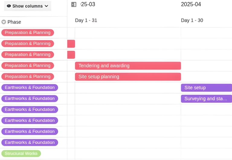Modelo gratuito de calendário de construção em linha com o SeaTable, folha de cálculo, personalizável, partilha com planeadores e comerciantes, elevada proteção de dados e acesso móvel
