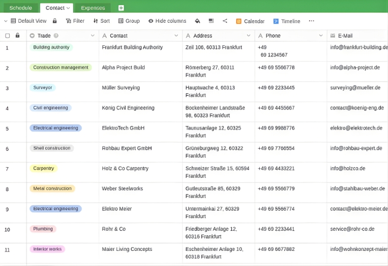 Mantenha-se a par de todos os comerciantes e dos pormenores de contacto com o software de calendário de construção SeaTable.