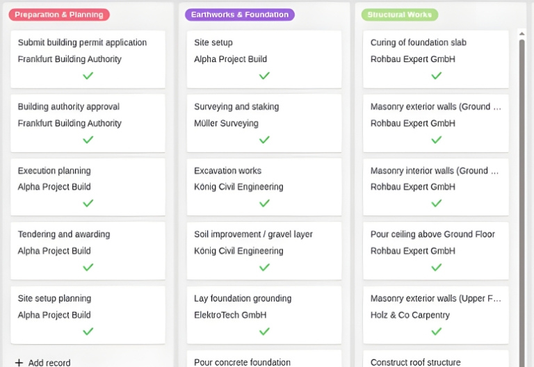 Aplicação com cronograma e vista Kanban para o calendário de construção.