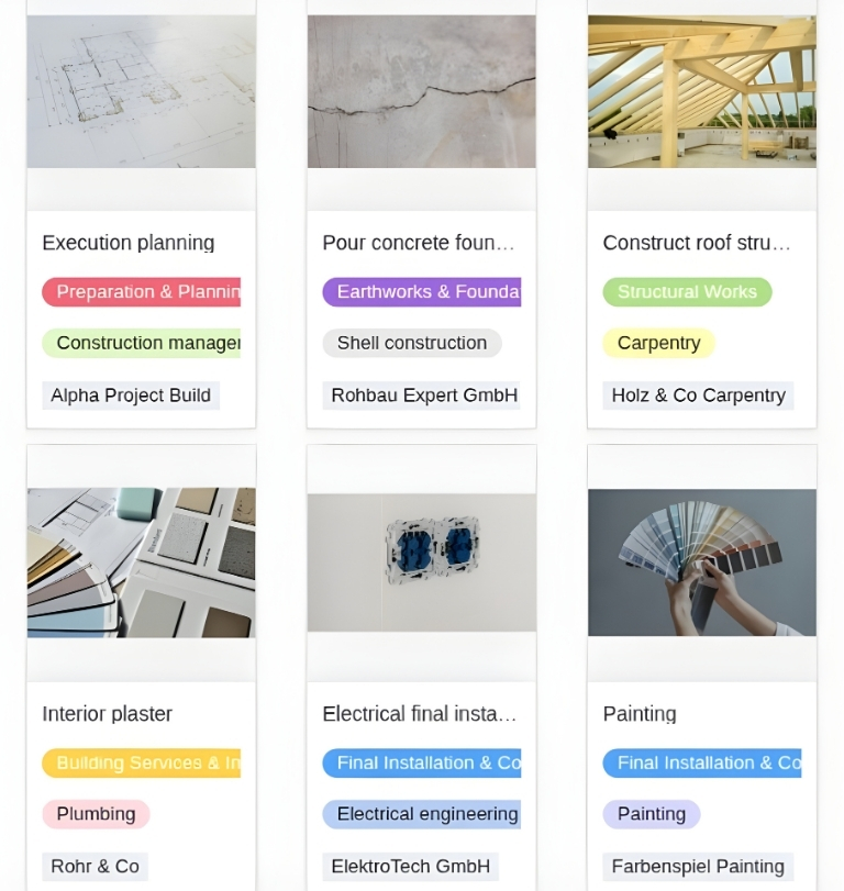 Aplicação de calendário de construção personalizada com o SeaTable No-Code Builder, recolha de dados de etapas de trabalho, profissões e custos.