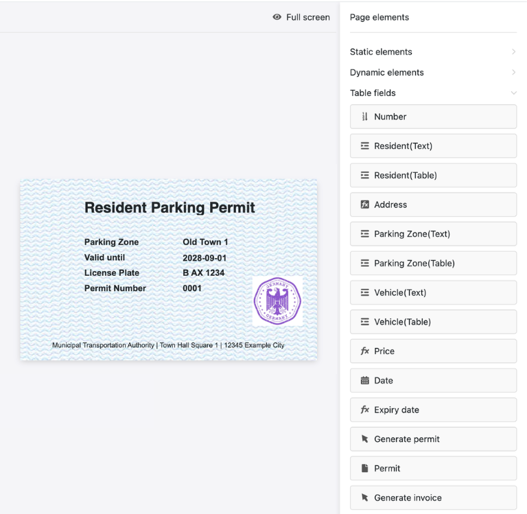 Digitale Bewohnerparkausweis-Vorlage für den direkten E-Mail-Versand in SeaTable