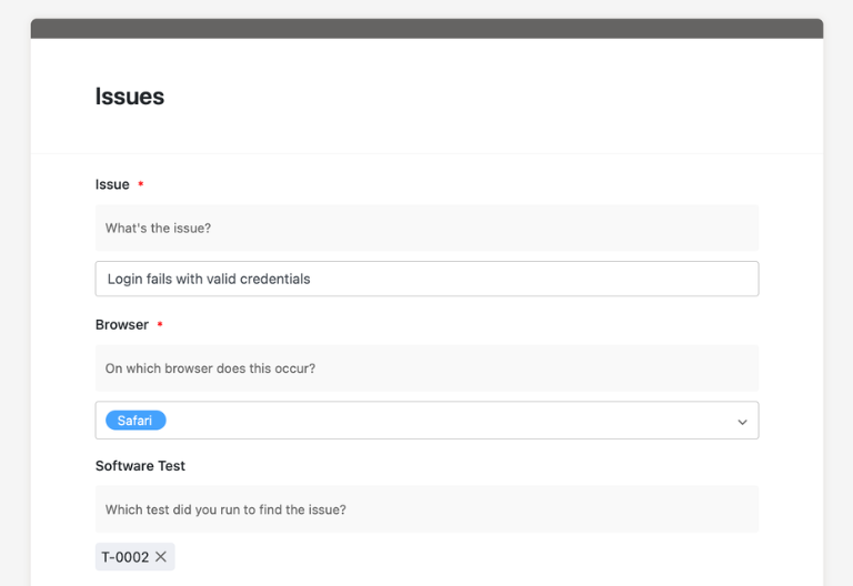 Tableau des problèmes avec colonnes pour le titre, le statut, la priorité, la catégorie, la personne responsable et le test associé
