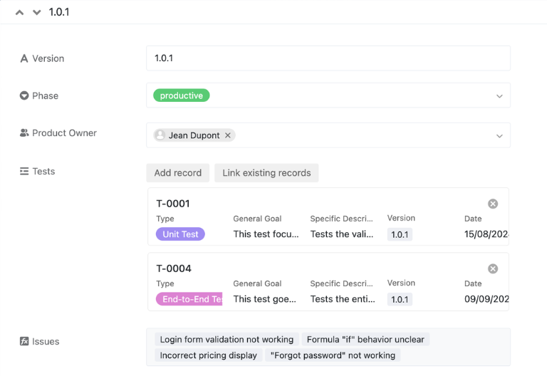 Tableau répertoriant les versions logicielles, les responsables de produit, les dates de sortie et l'évaluation des bogues par version.