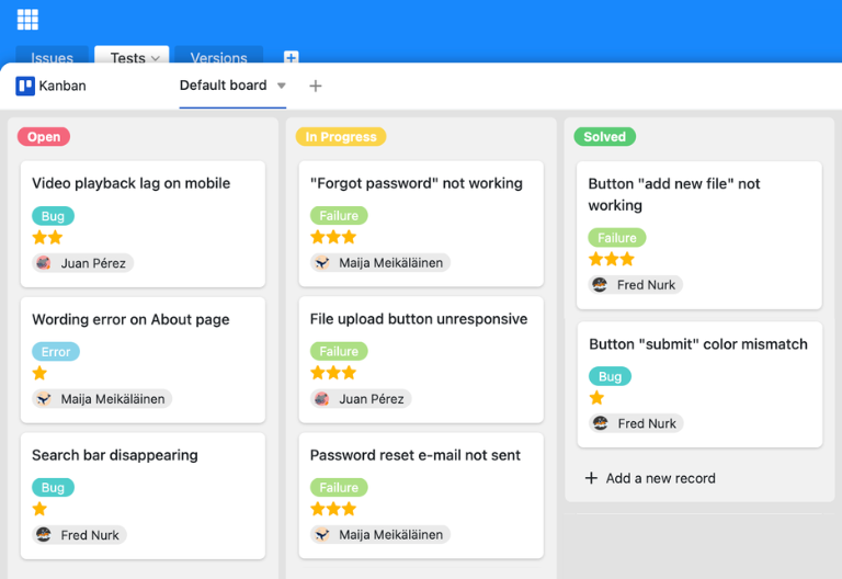 Vue Kanban du système Bug Tracker avec des colonnes pour le statut et des cartes pour les problèmes individuels