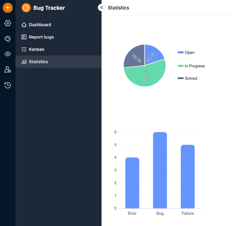 Vue de l'application dans SeaTable App Builder avec des formulaires, des tableaux Kanban et des tableaux de bord pour le suivi des bogues