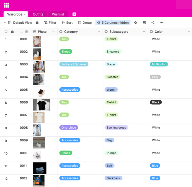 Digitaler Kleiderschrank App in Tabellenansicht