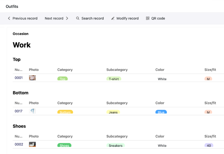 Übersichtliche Darstellung verschiedener Outfits und Kombinationen in der Kleiderschrank App.