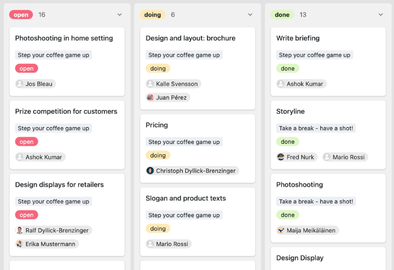 Kanban-Board und Timeline für Aufgabenmanagement in verknüpften Produktprojekten