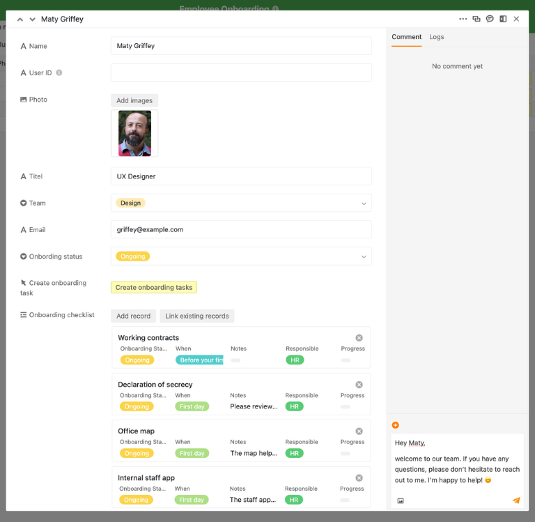 Modelo de plano de integração SeaTable com lista de verificação de integração para novos funcionários