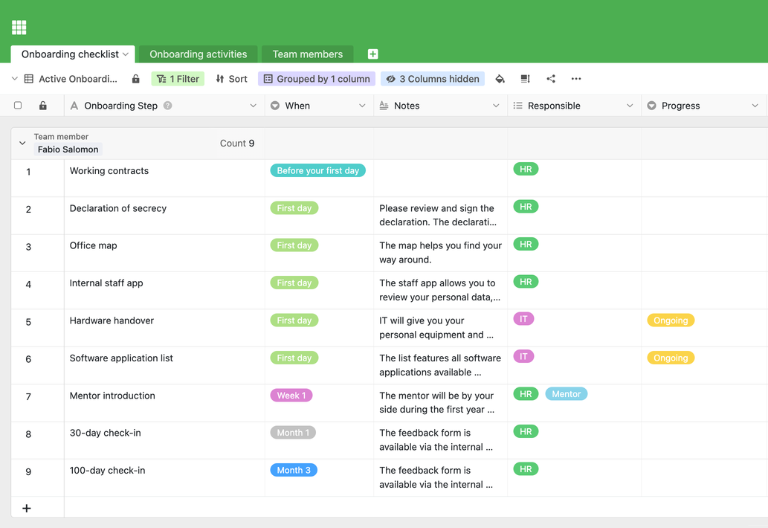 Tabela com lista de verificação de integração, responsáveis, prazos e status