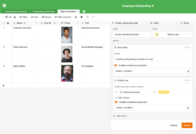 Tabela com membros da equipa, datas de início e planos de integração associados