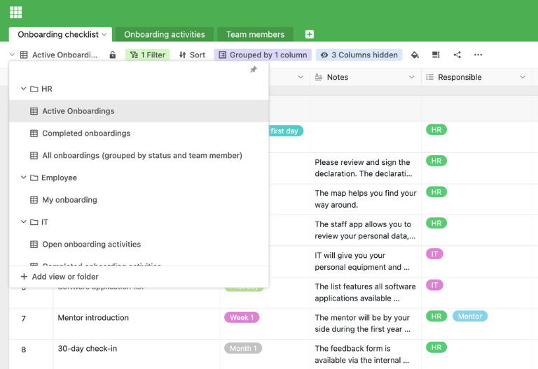 Visualização com lista de verificação pessoal de integração para um novo colaborador