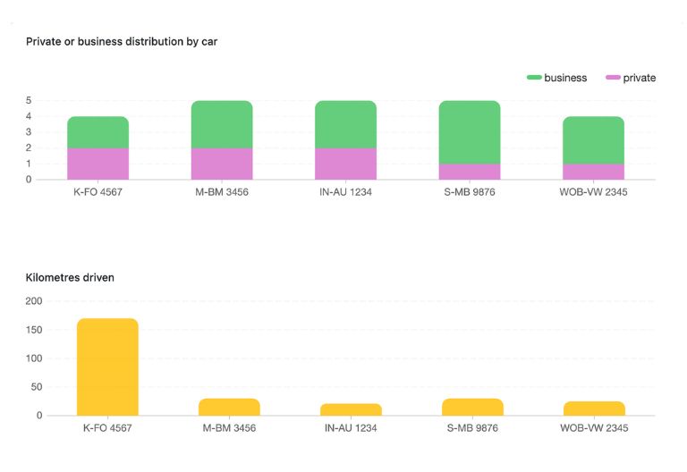 Статистические и календарные представления для анализа поездок по водителю, автомобилю, цели и дате