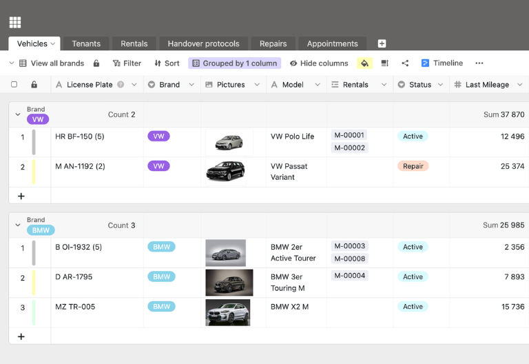 Tableau contenant les données de base du véhicule, le numéro d'immatriculation, le kilométrage et les opérations associées.
