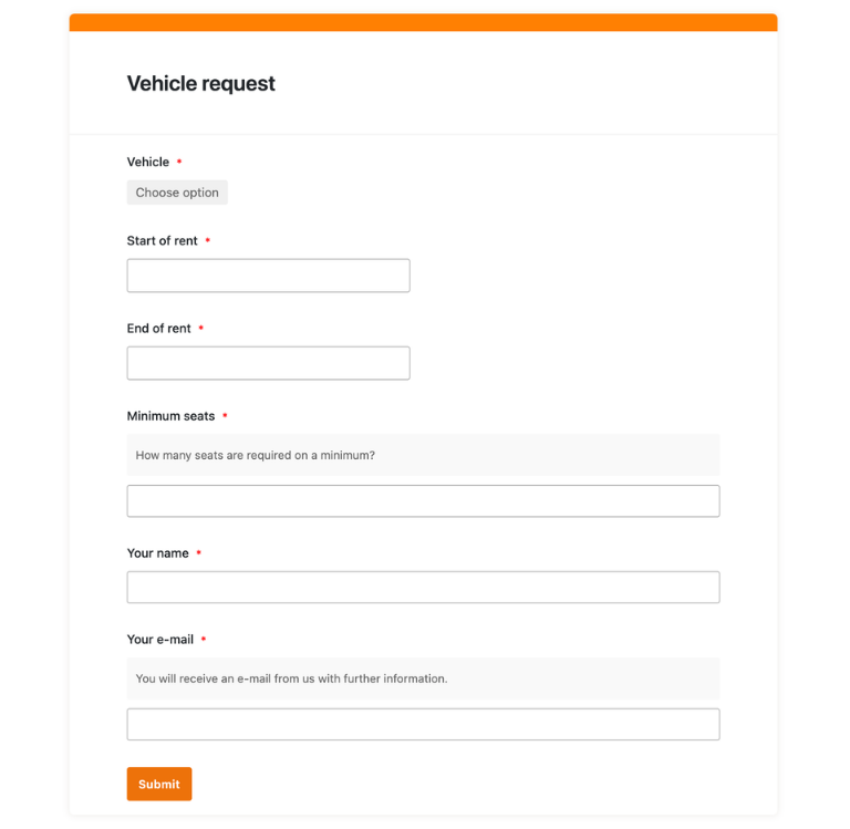 Vue de l'application dans SeaTable App Builder avec des formulaires et une vue calendrier pour la gestion du parc automobile.