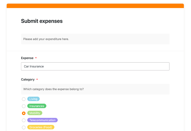 Formulaire web pour la saisie mobile des dépenses avec catégories, personne et téléchargement de justificatifs.