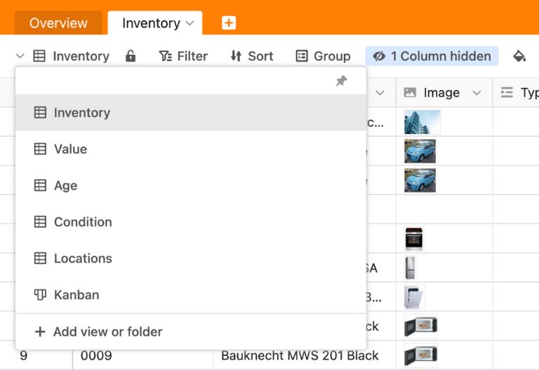 Opções de filtro e agrupamento para exibir o inventário por categoria, localização ou estado