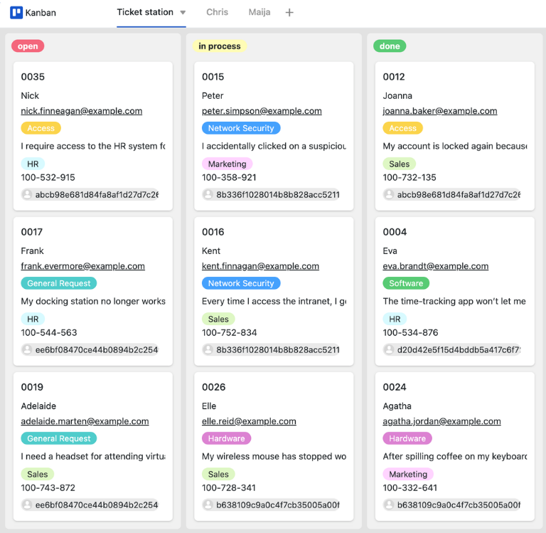 Шаблон SeaTable IT Helpdesk с перечнем заявок, полями статуса и приоритетами