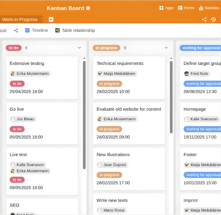 Le tableau Kanban flexible de SeaTable reste toujours à jour grâce à la communication en temps réel et à l'historique des modifications. Il offre un accès en ligne sécurisé et une protection maximale des données grâce à un hébergement allemand. La solution évolue avec votre équipe, quel que soit le nombre d'employés.