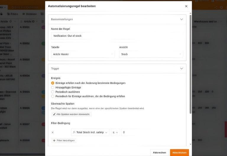 Приложение для управления складом SeaTable с автоматическими уведомлениями в случае переполнения и снижения уровня безопасного запаса
