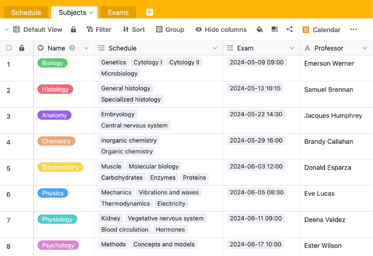 Course catalog with exam dates, course content, and instructor contact information for structured academic planning