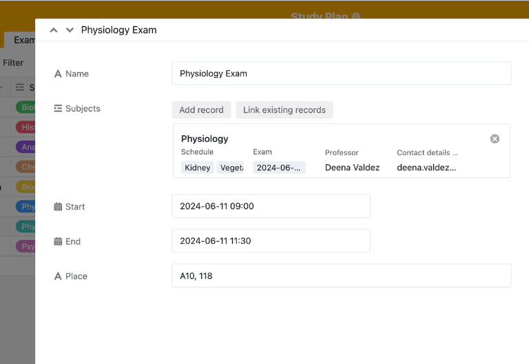 Exam schedule with dates, location, time, and a calendar view for seamless exam planning