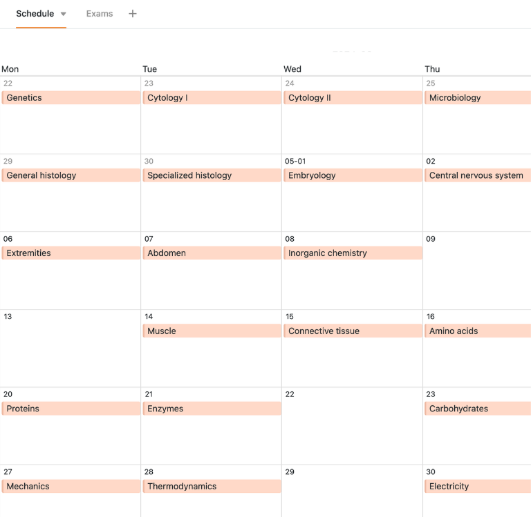 Interactive study plan app with forms, calendar views, Kanban boards, and timeline views in SeaTable