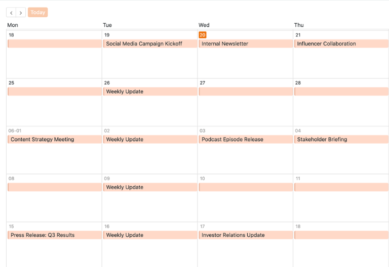 Annual planning table with dates, actions, responsibilities, and departments involved