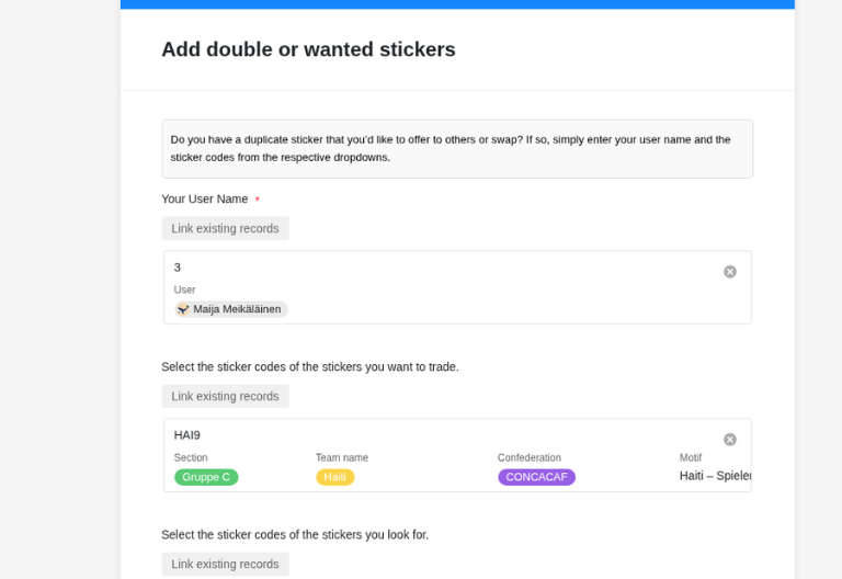 Panini trading platform with a form for easy data entry.