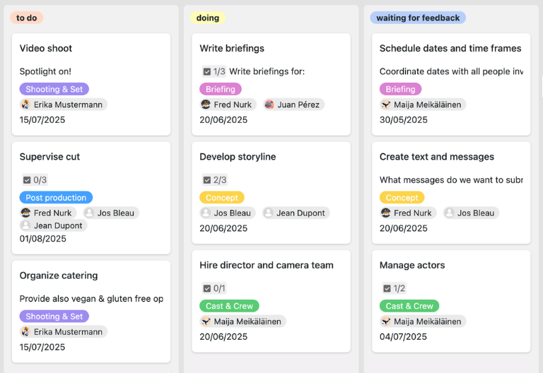 Tablero Kanban con tareas del proyecto ordenadas por estado para la gestión operativa