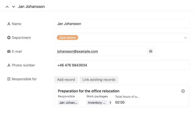 Table with responsible persons, contact details, and linked work packages