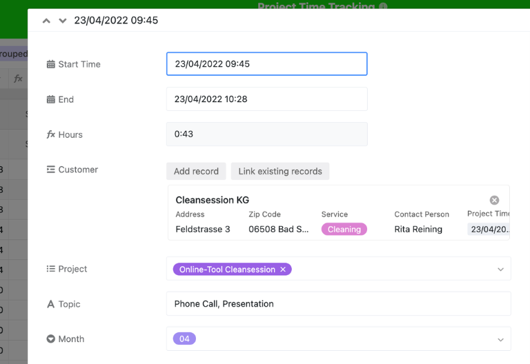 "Time" table with columns for start time, end time, project, description, and automatically calculated hours