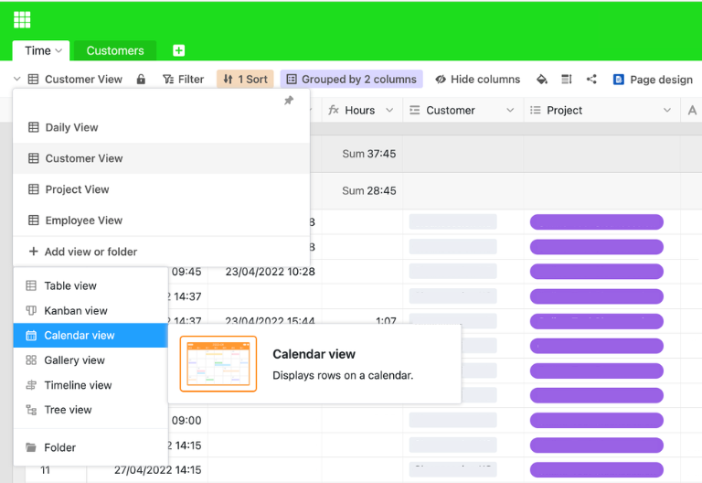 Several SeaTable views, such as Daily View and Project View, for analyzing project times and workload