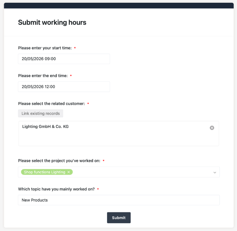 App view of project time tracking, featuring a form page for entering times and a list view of the recorded entries