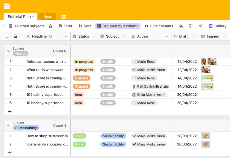 Captura de la tabla principal del plan editorial con títulos, canales y estados