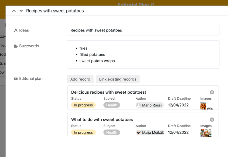 Captura de una tabla de ideas y backlog para temas de contenido y prioridades