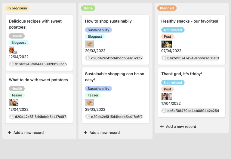 Captura de una vista de estado, recursos y aprobaciones en el plan editorial