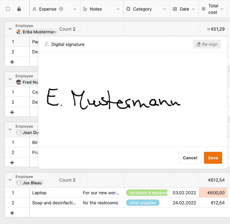 Digitale Reisekostenabrechnung Vorlage mit Formular, Belegen und Erstattungen in SeaTable