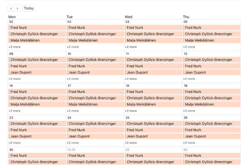 Vista de calendario y tabla de empleados para revisar cobertura y horas semanales en SeaTable