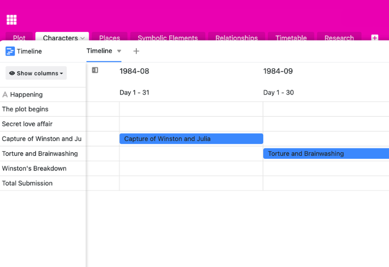 Schedule for writing projects with deadlines, milestones, and linked chapter planning