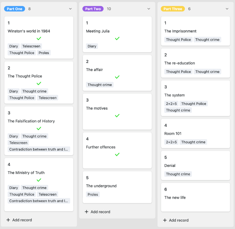 Interactive writing planner app with chapter planning, research, Kanban, and gallery view in SeaTable