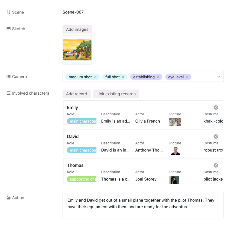 Plantilla de guion gráfico digital estructurada con vistas de galería, tabla y Kanban para la planificación de escenas