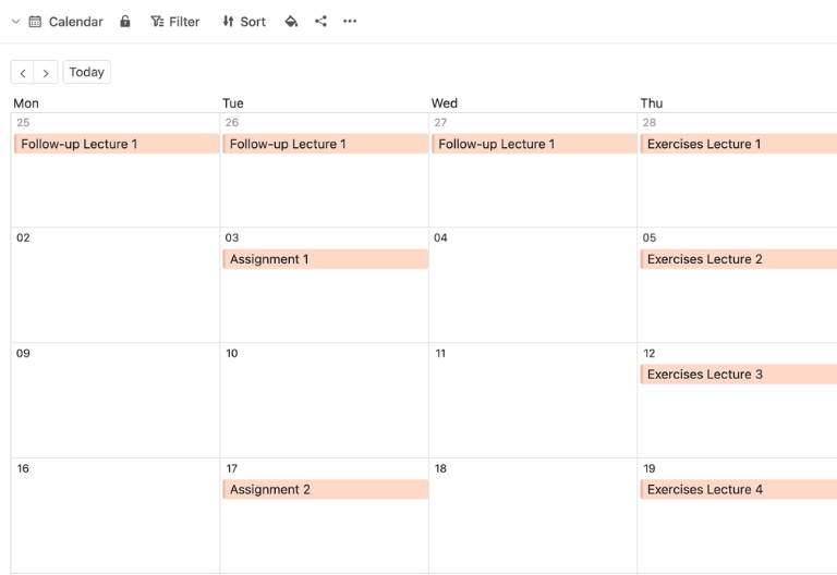 Vista de calendario en el planificador de estudios con tareas, clases y plazos a lo largo de todo el semestre
