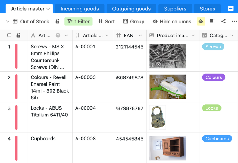 Product master data with SKUs, inventory levels, ABC analysis, and purchase prices in the supply chain management tool