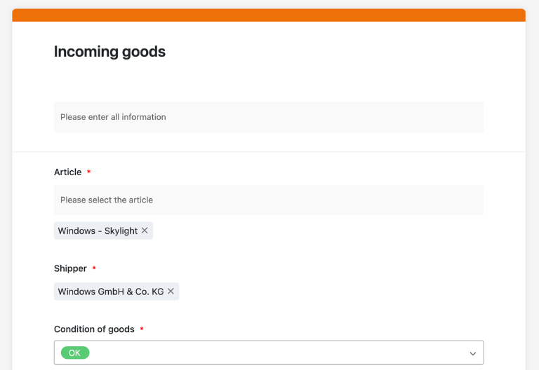 Goods Receipt Table with Automatically Populated Fields, Status Colors, and a Web Form in the Supply Chain Management Tool