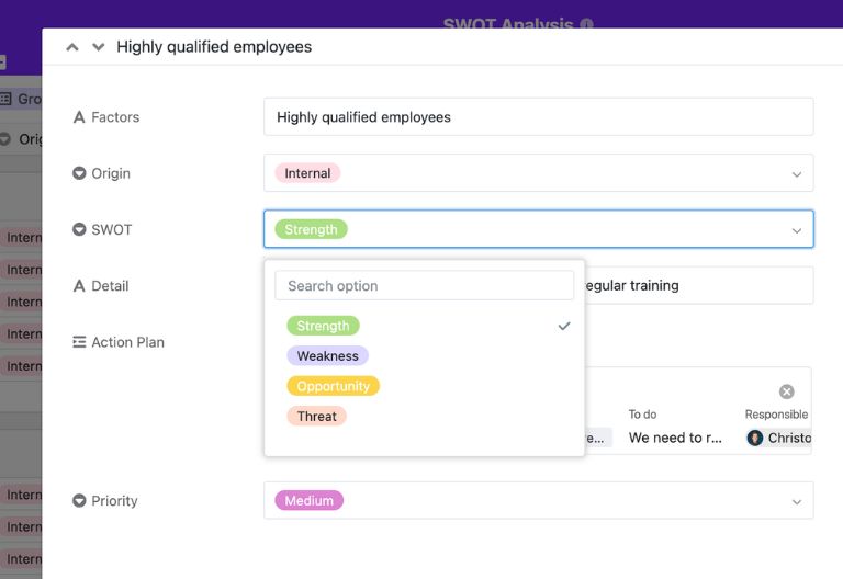 Table for recording SWOT factors with columns for description, internal/external, and positive/negative