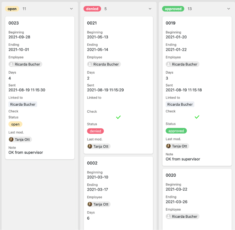 App-Ansicht im SeaTable App Builder mit Formularen, Kalender und Dashboard für die Urlaubsverwaltung
